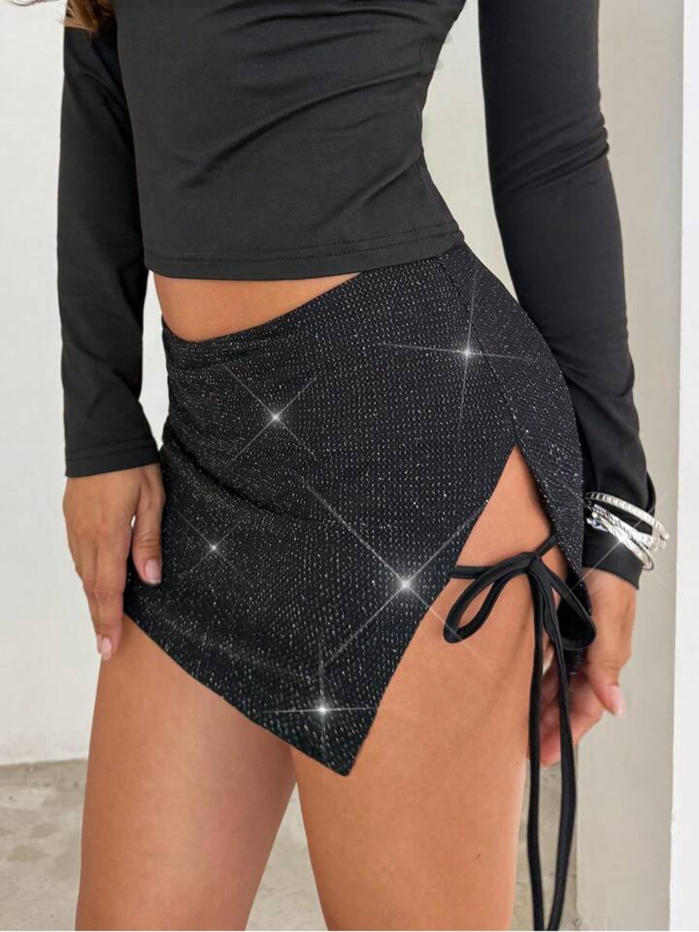 SHEIN Black Sparkle Asymmetrical Side-Tie Mini Skirt